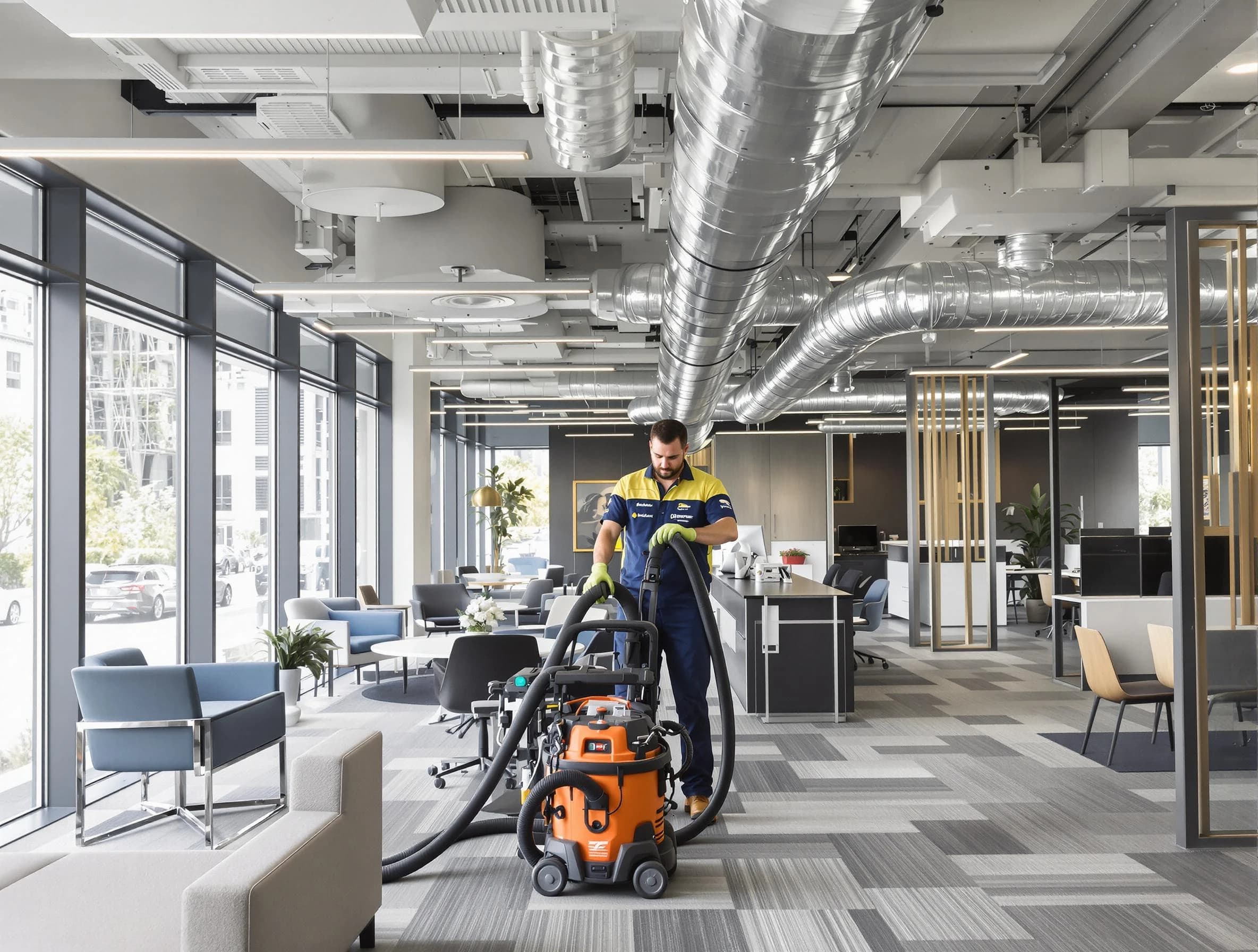 Lakeside Air Duct Cleaning team performing thorough commercial duct cleaning at a Lakeside business center